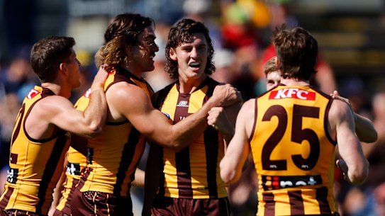LAUNCESTON, AUSTRALIA - APRIL 01: Connor Macdonald of the Hawks celebrates a goal with teammates during the 2023 AFL Round 03 match between the Hawthorn Hawks and the North Melbourne Kangaroos at UTAS Stadium on April 1, 2023 in Launceston, Australia. (Photo by Dylan Burns/AFL Photos via Getty Images)