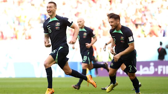 Mitch Duke celebrates Australia’s goal.