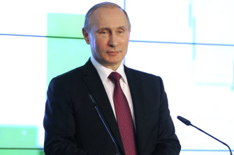 Russian President Vladimir Putin speaks as he attends an exhibition marking the 10th anniversary of RT (Russia Today) 24-hour English-language TV news channel  in Moscow, Russia in 2015.