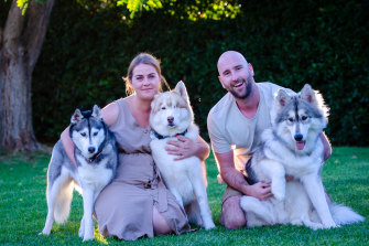 Joanna and Liam Maddison with their dogs Skye, Jazz and Roux.