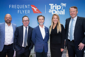 Qantas CEO Alan Joyce and Qantas Loyalty CEO Olivia Wirth with TripADeal founders Norm Black and Richard Johnston.