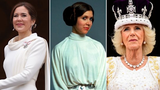 Queen Mary on the balcony of Christiansborg Palace in a drfess by Soeren Le Schmidt; Carrie Fisher as Princess Leia in ‘Star Wars’ in a dress by Oscar-winner John Mollo; Queen Camilla on the balcony of Buckingham Palace following her coronation in May, wearing a Burce Oldfield tunic.
Getty, Supplied, Alamy