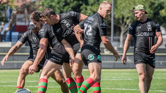 What a mess: The Rabbitohs train at Redfern Oval on the eve of their semi-final match against the Dragons. 