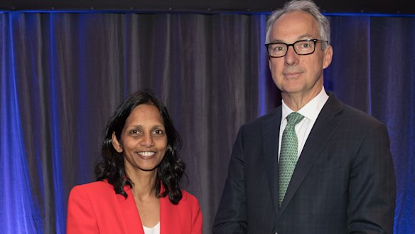New Macquarie CEO Shemara Wikramanayake with outgoing CEO Nicholas Moore.