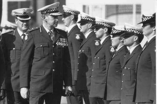 Mick Miller reviewing police graduates in August 1987,  his last year as chief commissioner. 