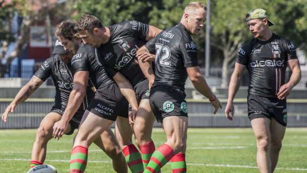 What a mess: The Rabbitohs train at Redfern Oval on the eve of their semi-final match against the Dragons. 