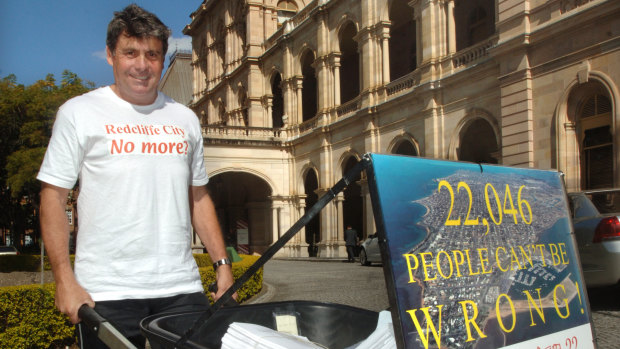 Then-Redcliffe mayor Allan Sutherland, now Moreton Bay mayor, campaigning against the amalgamation in 2007.