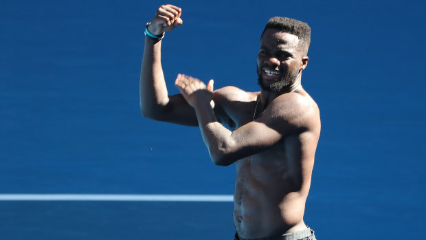 Top gun: France Tiafoe emulates the celebration of his NBA idol Lebron James after upset win over Grigor Dimitrov in the fourth round of the Australian Open.