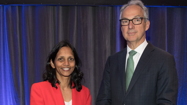 New Macquarie CEO Shemara Wikramanayake with outgoing CEO Nicholas Moore.