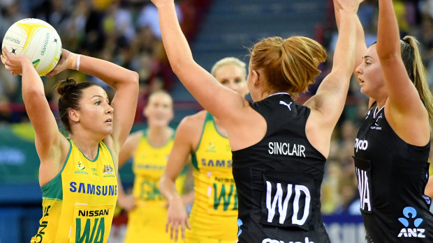 Spotting the pass: Kelsey Browne looks for an outlet against the Silver Ferns.