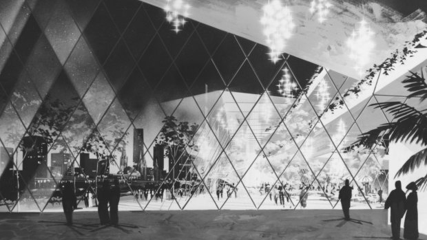 Visual effect from inside the building looking through the glass pyramid. 