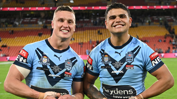 Latrell Mitchell and Jack Wighton in Origin colours in 2021.