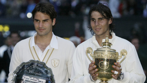 Epic: Roger Federer and Rafael Nadal after their Wimbledon final in 2008.