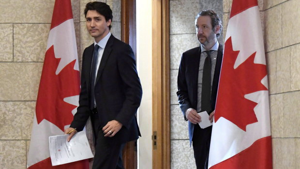 Canadian Prime Minister Justin Trudeau leaves his office with then principal secretary Gerald Butts last year.