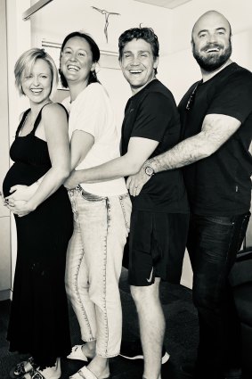 Baby on board: Intended parents Edwina (second from left) and Charlie Peach (right), and surrogate mother Jennifer McCloy and her husband Ewen Hollingsworth. The women are campaigning for change to make surrogacy more accessible in Australia.