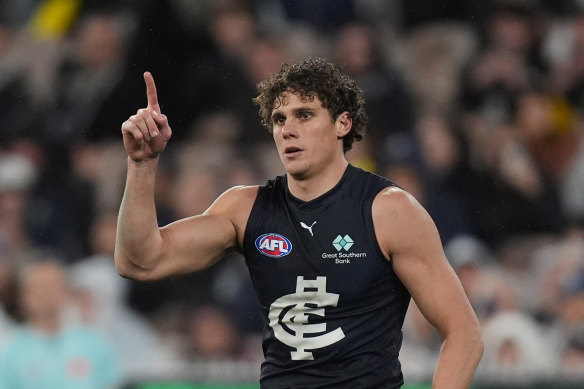 Charlie Curnow celebrates a goal in the Blues’ recent clash with the Tigers.