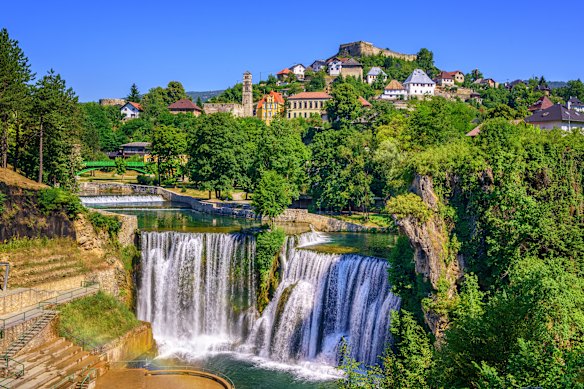 Pliva Waterfall in the historic fortified town of Jajce.