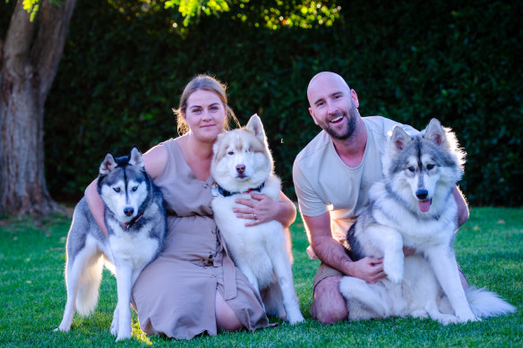 Joanna and Liam Maddison with their dogs Skye, Jazz and Roux.