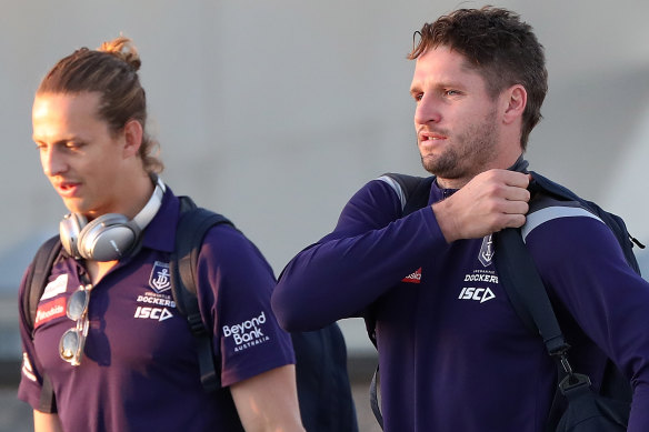 Jesse Hogan (right) with teammate and skipper Nat Fyfe.