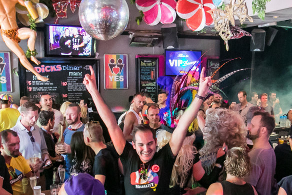 Marriage equality advocates celebrate the Yes verdict at the Stonewall Hotel on Sydney’s Oxford Street in 2017. 