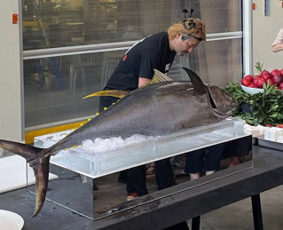 Performative carve-up of a whole yellowfin tuna at Powerhouse Museum’s Christmas celebration.