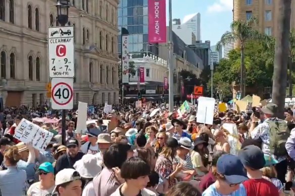 Protesters block the streets of the Brisbane central business district as part of the Global Climate Strike on September 20, 2019.