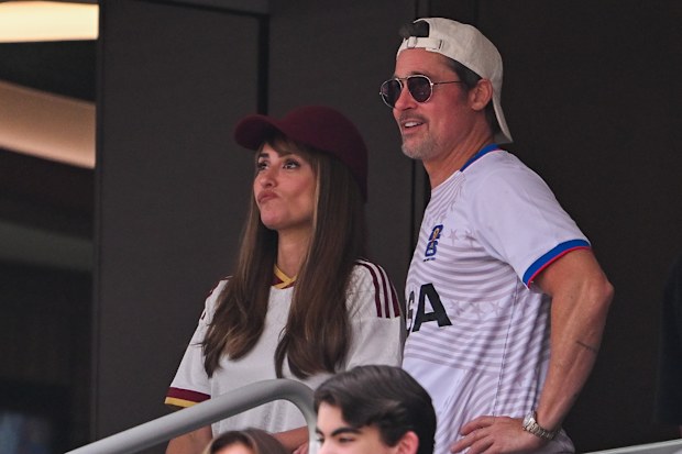 Penelope Cruz and Brad Pitt attend the FIFA World Cup 2026 Quarter Final match between Spain and Belgium at Los Angeles Stadium on July 10, 2026 in Inglewood, California.