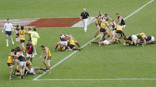 The infamous all-in melee involving Essendon and Hawthorn players at the MCG in 2004.