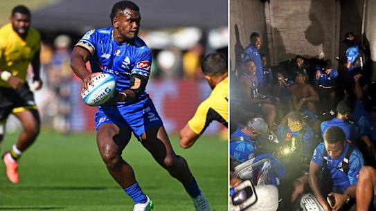 Fijian Drua player Inia Tabuavou on the attack against the Hurricanes. Drua players (inset) in the luggage truck.
