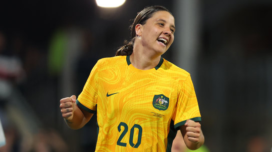 Sam Kerr smiles after scoring in Perth.
