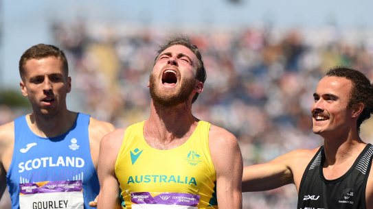 Ollie Hoare celebrates after his 1500m win in Birmigham.