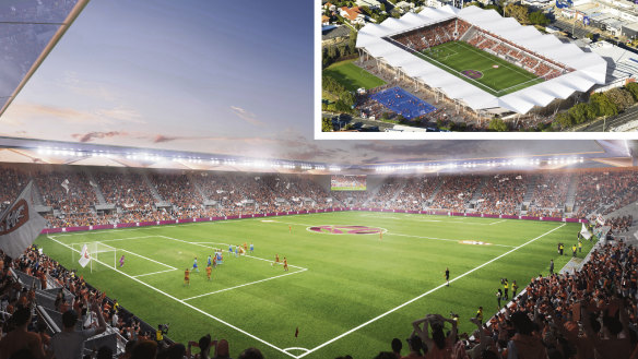 Perry Park composite image. Football Queensland has released its vision for the Bowen Hills stadium, designed by Populous. 