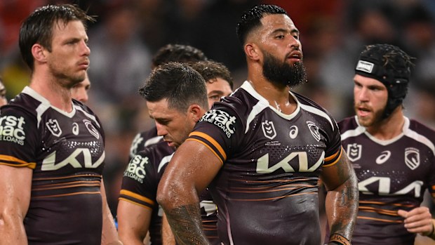 Payne Haas and his Broncos teammates during the loss to the Roosters.