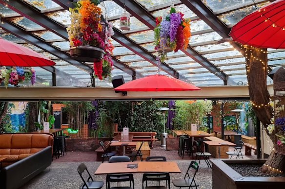 The outdoor seating area at The Fitzroy Beer Garden, which is partially located on two public laneways.