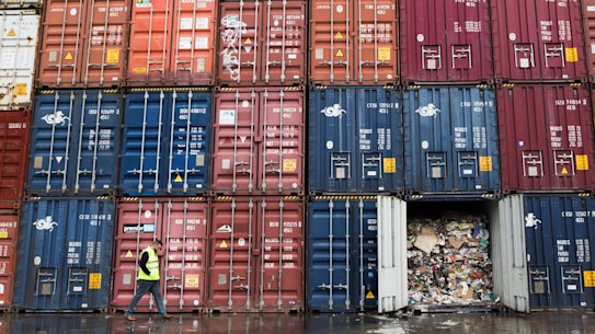 Tasman Logistics Services chief executive Ivan Vanis in Brooklyn, in front of a mountain of containers filled with recyclable waste from SKM recycling.