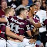 The Sea Eagles celebrate a Jason Saab try.