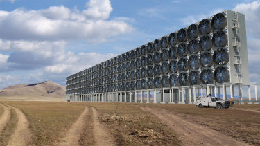 A digital image showing "direct air capture" technology which removes carbon dioxide from the atmosphere deployed on a large scale.