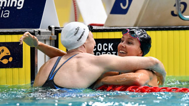 Twin flyers:  Cate Campbell and Emma McKeon embrace after the 100m freestyle final.