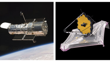 On the left, the Hubble Space Telescope orbiting the Earth and on the right, an illustration of the James Webb Space Telescope. 