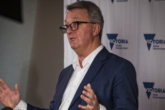 Victorian Health Minister Martin Foley speaking at todayâ€™s press conference. 