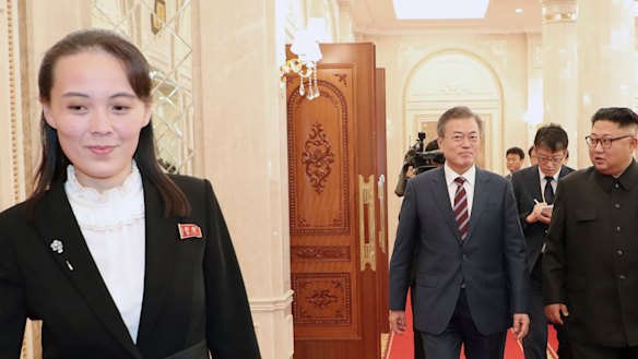 Kim Yo-jong, left, sister of the North Korean leader, walks ahead of South Korean President Moon Jae-in and Kim Jong-un. 