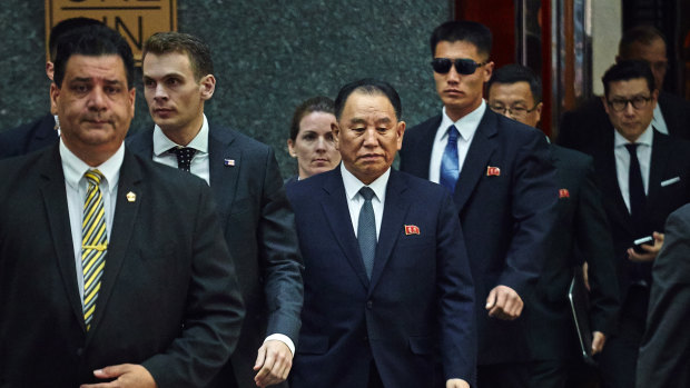 North Korea's Kim Yong-chol, centre, leaves a hotel in New York, on Wednesday.