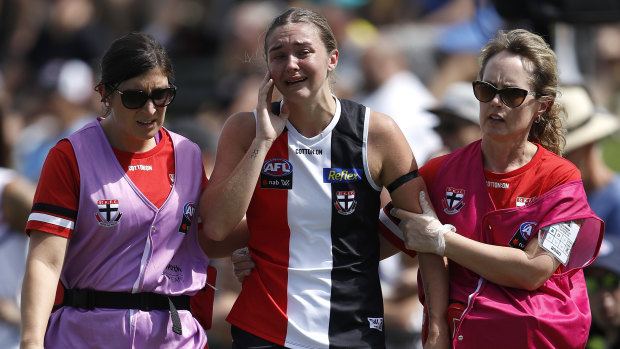 Injury curse: St Kilda’s Tarni White left Moorabbin in tears with a suspected torn ACL yesterday.