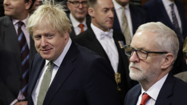 British Prime Minister Boris Johnson, left, and Opposition Leader Jeremy Corbyn,  during the state opening of Parliament, in London, last month.  