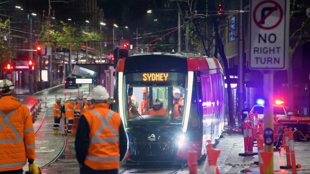 A tram in testing on George Street.