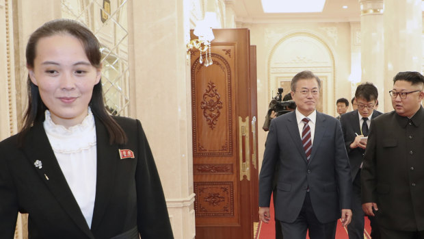 Kim Yo-jong, left, sister of the North Korean leader, walks ahead of South Korean President Moon Jae-in and Kim Jong-un. 