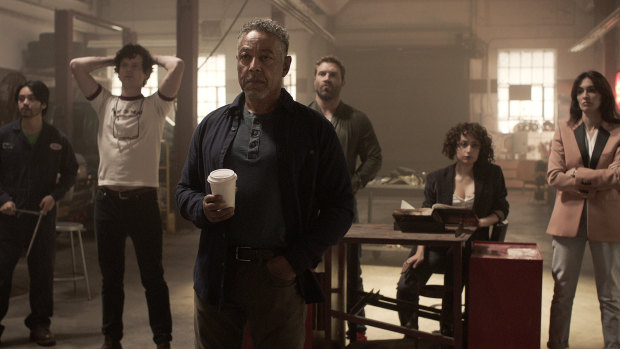 The gang’s all here: (L to R) Jordan Mendoza as RJ, Peter Mark Kendall as Stan, Giancarlo Esposito as Leo, Jai Courtney as Bob, Rosaline Elbay as Judy  and Paz Vega as Ava in the Yellow episode.