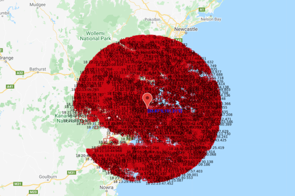 A map showing lightning strikes within a 100-kilometres radius of Sydney between 8pm on Tuesday and 2am on Wednesday.