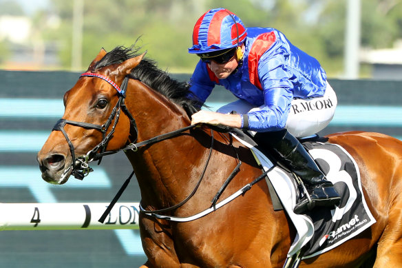 Dubai Honour races away to win the Ranvet Stakes at Rosehill last month.