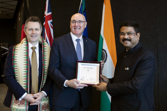 Education Minister Jason Clare (left) with Western Sydney University vice chancellor Barney Glover and Indian Education Minister Dharmendra Pradhan in Sydney last year.